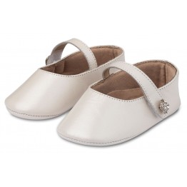 Babywalker Δερμάτινο Γοβακι Μονή Μπαρέτα με Στρασένιο Κουμπακι σε Εκρού Χρώμα